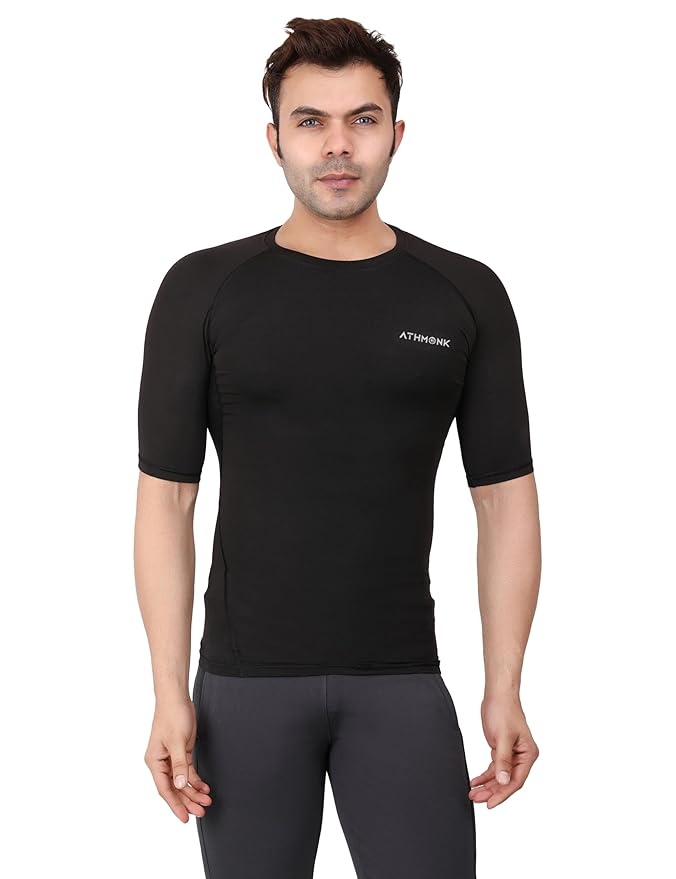 Athmonk Compression T-Shirt Vest Body Shaper Half Sleeve for Men Boys Branded - Nylon Lycra Fabric - Workout Gym Cricket Football Sports Training - Keep Dry Tight Skin Fit - Round Neck